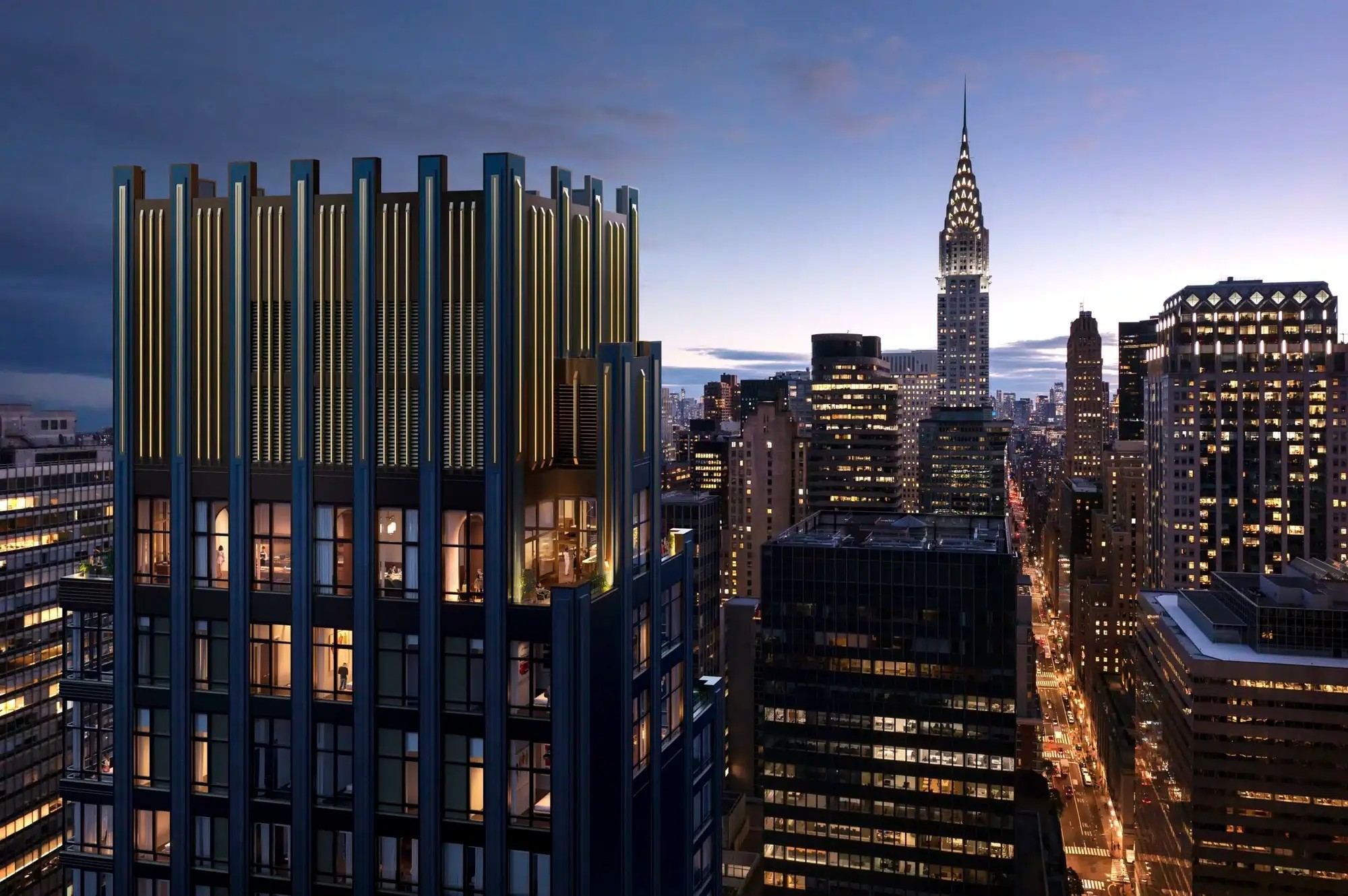 Rendering of the Monogram crown at dusk with the Chrysler Building beyond